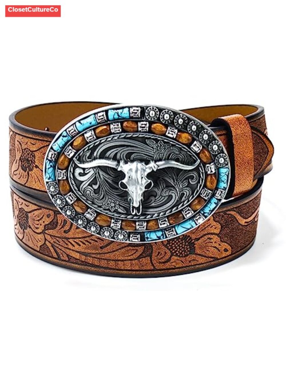Western Leather Belt Women Turquoise Oval Buckle Embossed